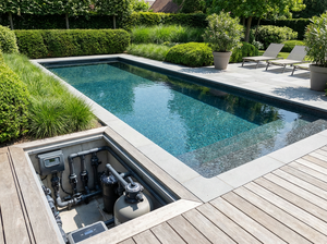 Rasche Pool im sonnigen, modernen Garten, hochwertige Bauweise, Kunststoffteile.
