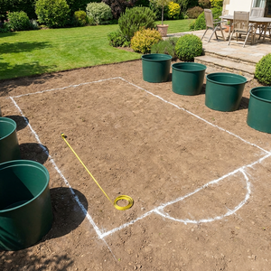 Quadratische Gartenplanung für Heim-Pool; ebene Fläche, Maßband, Kreide, Kunststoff-Digester, Rasen.