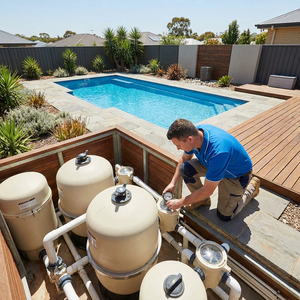 Fotorealistischer Hinterhof-Pool; Servicetechniker prüft Anlage, Kunststofftanks sichtbar.