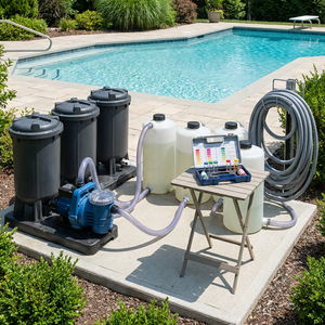 Außenbereich: geordnete Pooltechnik aus Kunststoff mit Pumpe, Filter, Schläuchen und Wassertestkit.