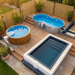 Fotorealistischer Gartenpool: runde, achtförmige und rechteckige Becken aus Stahl/Holz/Styropor