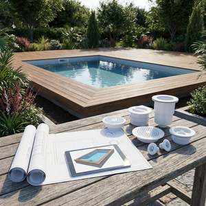 Fotorealistisches Garten-Poolplan-Bild: rechteckiger Becken, Holzdeck, Grün, Blaupausen, Tablet.