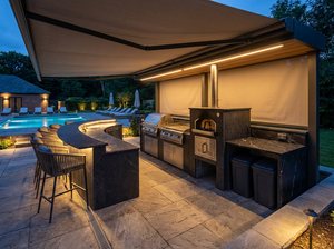 Fotorealistische Poolside-Küche mit modularer Insel: Grill, Plancha, Ofen, Smoker, Bar.