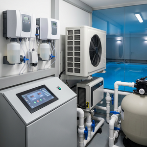 Pooltechnik mit Heizung, Steuerung, Wasseraufbereitung; Dosierstationen, Wärmepumpe, blaues Wasser