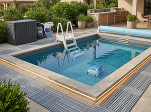 Kunststoff-Pool mit Skimmer, Filter, Dosiergerät, Abdeckung, Leiter, Roboter, Matten und LEDs.