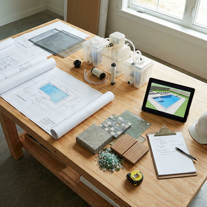 Planungstisch: Blaupausen, Tablet mit 3D-Poolmodell, Kunststoff-Filteranlage; nachhaltiges Material.