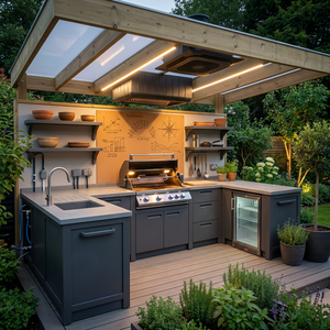 Moderne Outdoor-Küche im Garten: Polymer-Schränke, Spüle, Kühlschrank, Grill, Überdachung.