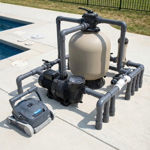 Outdoor-Poolfiltration aus Kunststoff: Pumpe, Filter, Rohrnetz, Dosiergeräte, Skimmer, Bodendüse.