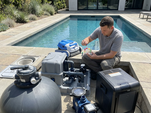 Techniker prüft Kunststoff-Poolfiltration mit Skimmer, Pumpe, Filter, Heizung, Testkit und Roboter.