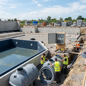 Schwimmbad im Bau: Fundament, Abdichtung, Filtration, Pumpe, Beleuchtung, Heizung; Tanks, Baustelle.